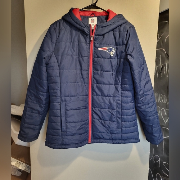 NFL Women Blue and Red Hooded Puffer Jacket, Size Large - Picture 2 of 5